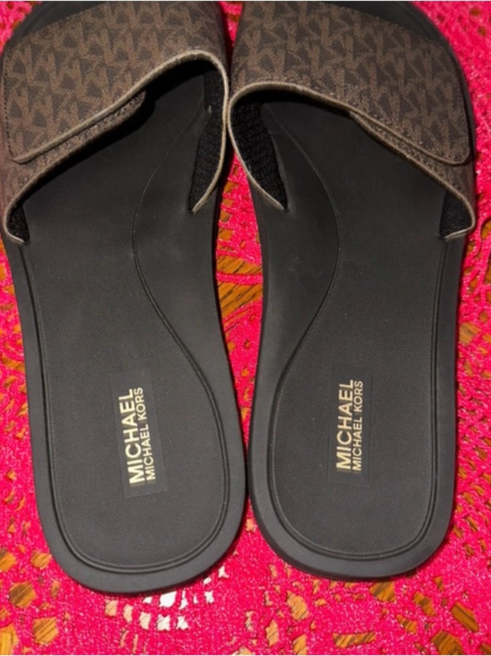 Michael Kors Brown Monogram Slide Sandals with Black Footbed